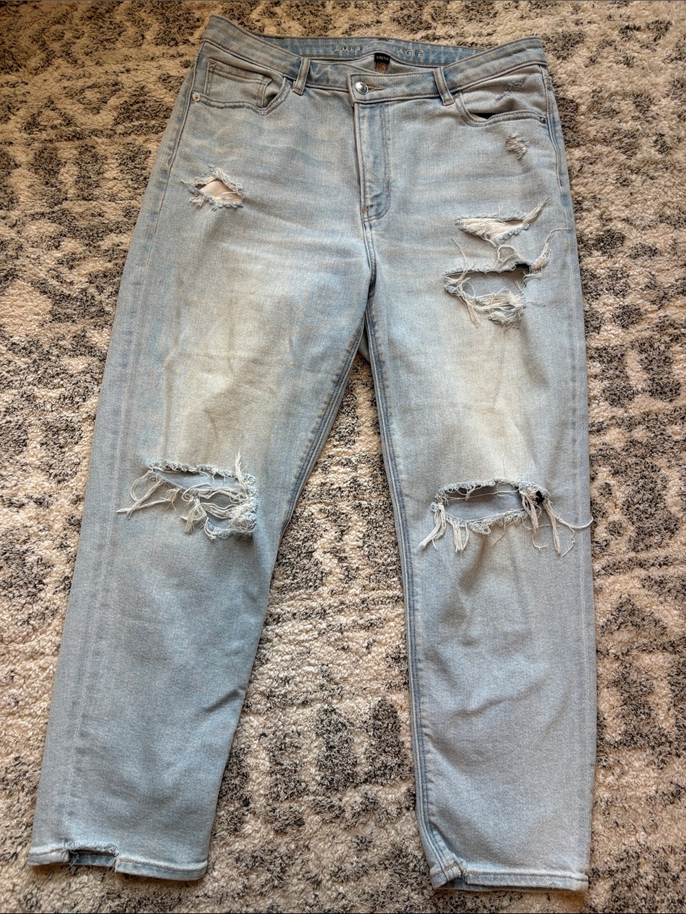 American Eagle Light Blue Distressed Jeans, crossover waist, size 14 short